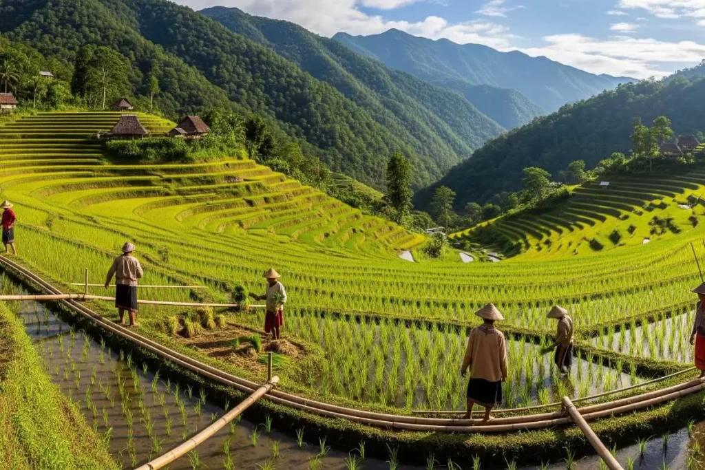 A panoramic view of the Banaue Rice Terraces under clear skies, showcasing layered green paddies carved into the mountains of Ifugao, with native farmers tending the fields and visitors trekking along stone paths—an iconic representation of agricultural tourism in the Philippines.