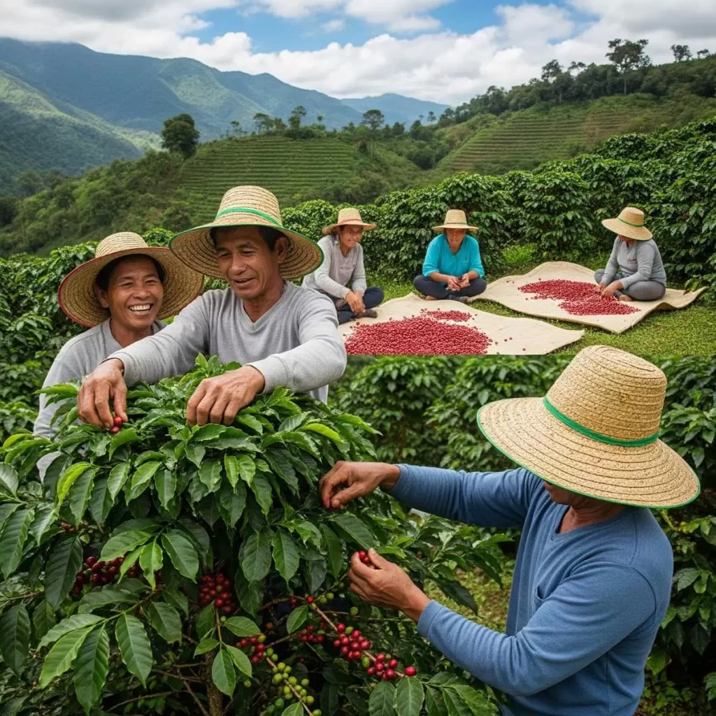 A close-up image of a farmer’s hands delicately harvesting ripe red coffee cherries from a branch in a shaded highland plantation in Benguet, surrounded by lush green foliage and mountainous terrain, depicting sustainable farm practices and the growing farm-to-table movement in the Philippines.
