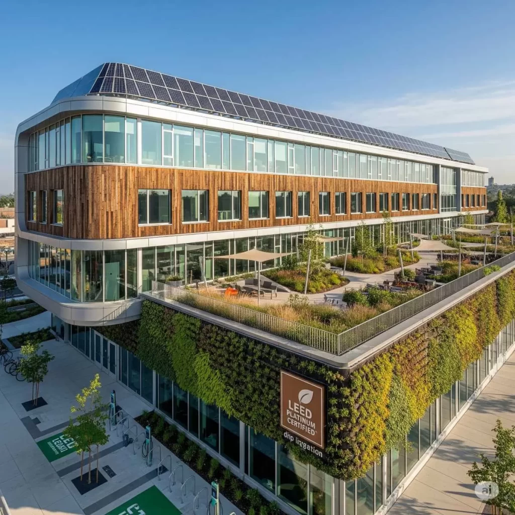 A contemporary building with expansive solar panels on its roof, surrounded by landscaped greenery, representing real estate 2024 predictions focused on sustainable architecture and renewable energy integration.