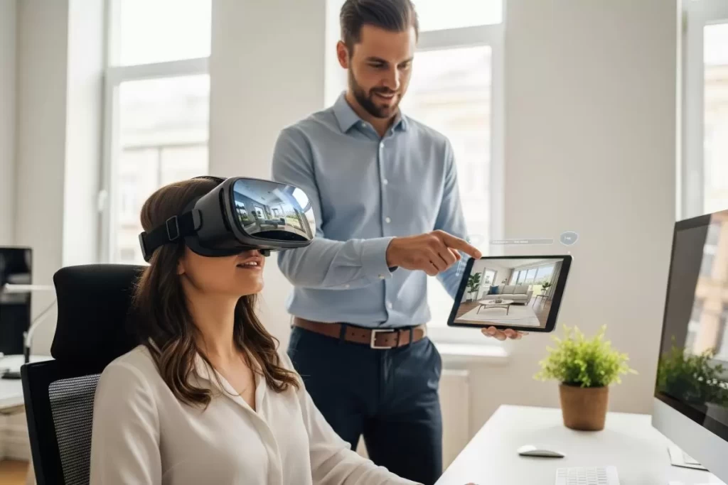 A modern office setting where a person wearing a VR headset interacts with a tablet displaying a 3D property model, illustrating real estate 2024 predictions with virtual and augmented reality technology for immersive property viewing.