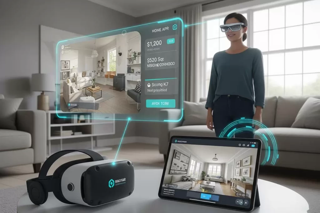 A woman wearing AR glasses in a modern interior interacts with projected three-dimensional architectural visuals, demonstrating the integration of smart home automation, augmented reality, and sustainable design in contemporary architecture.