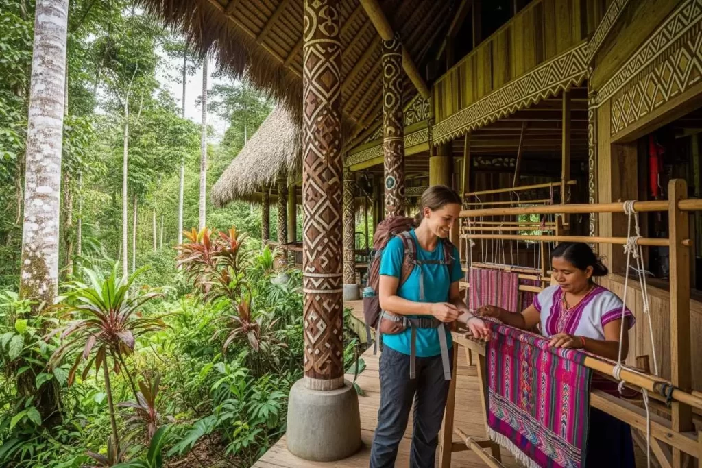 A traveler interacts with local artisans under a shaded bamboo pavilion surrounded by tropical vegetation, with traditional crafts on display, illustrating sustainable design, cultural exchange, and community engagement in Philippine architecture.