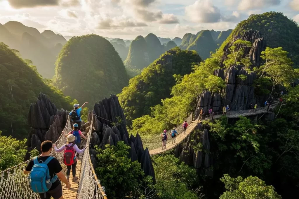 Hikers cross a suspended rope bridge above dense rainforest foliage and jagged limestone formations at the Masungi Georeserve in Rizal, Philippines, highlighting sustainable trail design and environmental conservation in Philippine architecture.