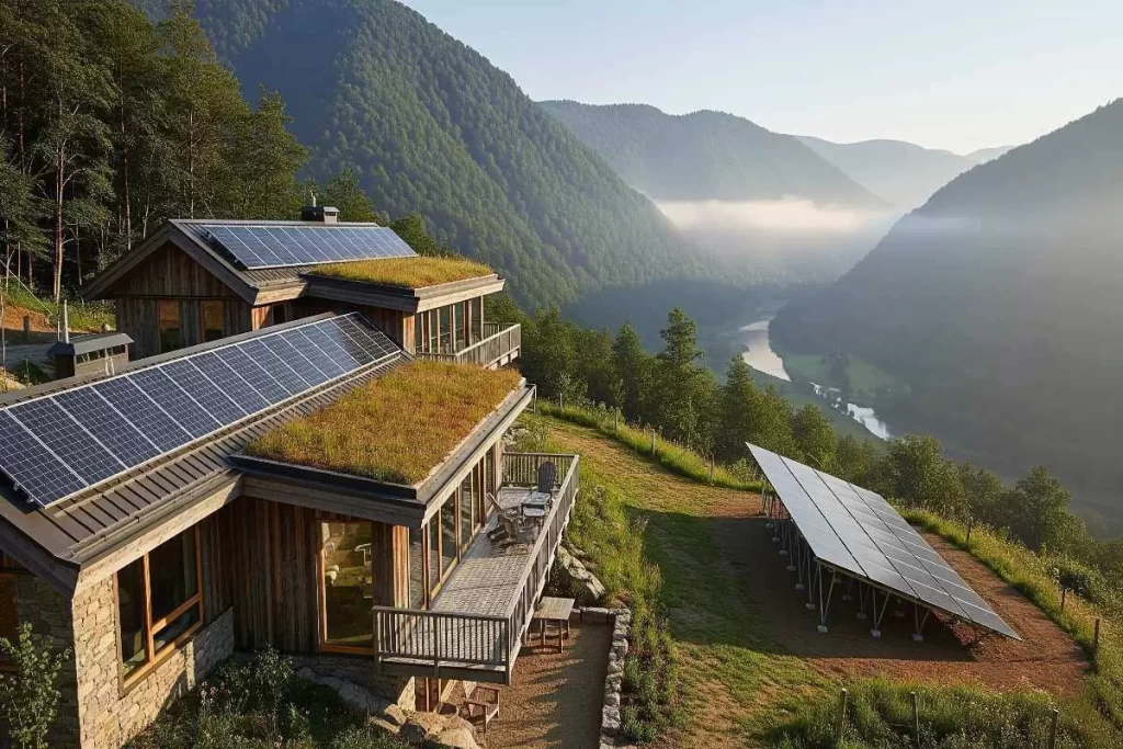 A rustic-style solar-powered house with wooden and stone materials sits on a lush Philippine mountainside, featuring solar panels on its sloped roof and a small wind turbine nearby, overlooking a misty valley with a winding river—showcasing renewable energy integration in eco-tourism architecture.