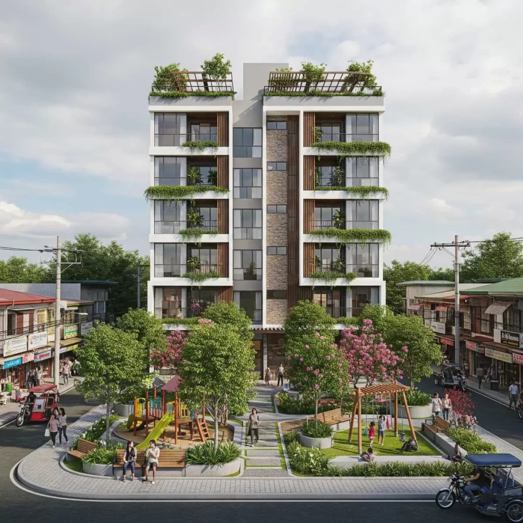 A mid-rise building near a Philippine town plaza features articulated façades, shaded walkways, and vernacular elements, representing the refined architectural approach of focused joint venture developments.