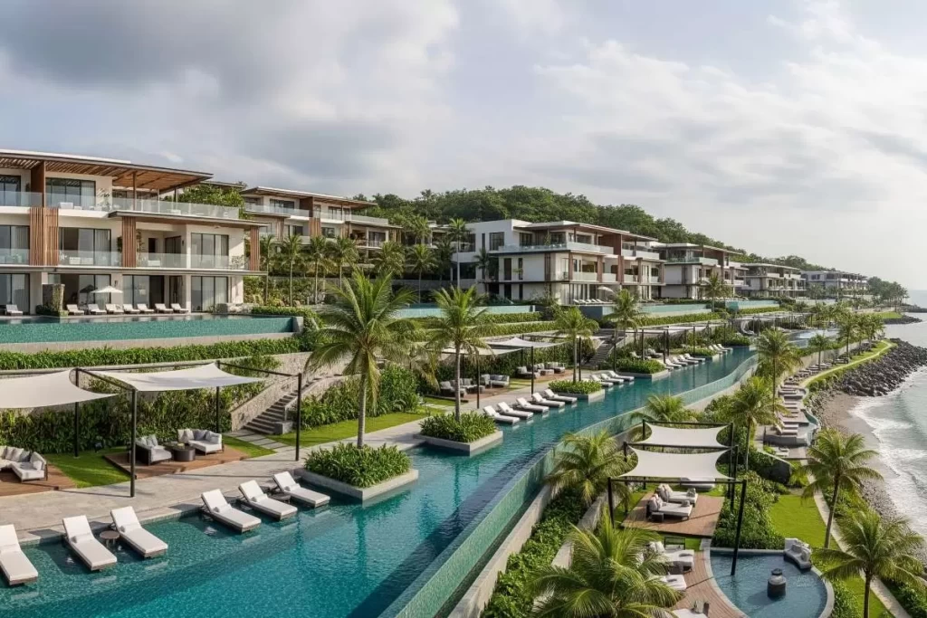 A mid-sized coastal resort in the Philippines showcases open-air pavilions, native wood finishes, tropical landscaping, and communal courtyards designed through focused joint venture developments.