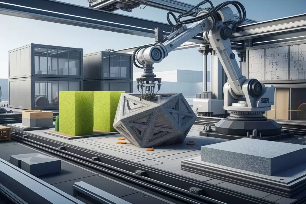 A futuristic humanoid robot equipped with construction tools stands beside an advanced architectural model in a high-tech fabrication environment, symbolizing meta-builders powered by artificial general intelligence and robotics in modern architectural construction.