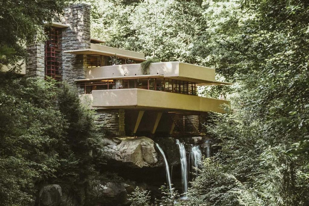 Fallingwater by Frank Lloyd Wright is an example of a midcentury modern architecture.