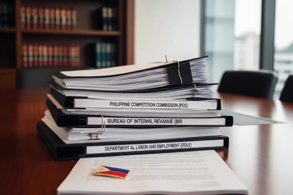 A stack of official files from Philippine government agencies including the PCC, BIR, and DOLE rests on a polished table beside a Philippine flag pin, representing joint venture requirements in the Philippines and the legal oversight needed for successful partnerships.