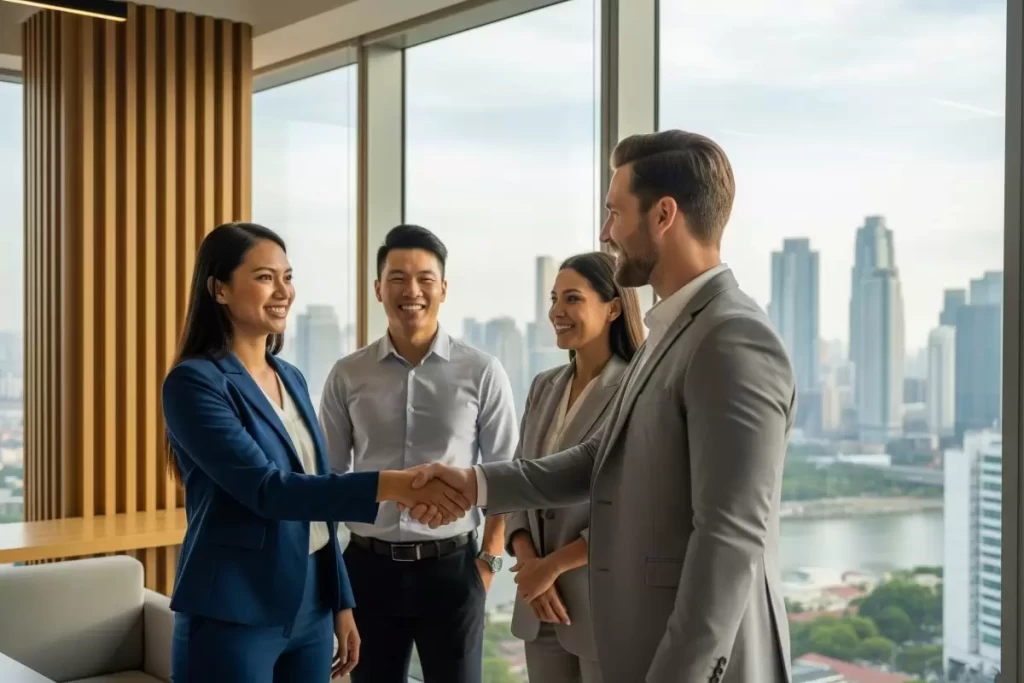Four professionals in business attire are standing in a modern office where two are shaking hands, with a city skyline visible through the large glass windows, representing a business agreement celebration in the Philippines.