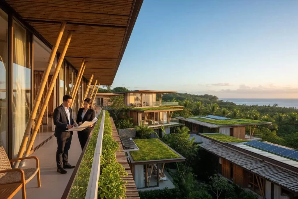 Two business partners standing in an eco-friendly resort design setting with tropical landscaping, natural wood structures, and open pavilions, reviewing plans and documents that symbolize the step-by-step process of joint venture requirements in the Philippines.