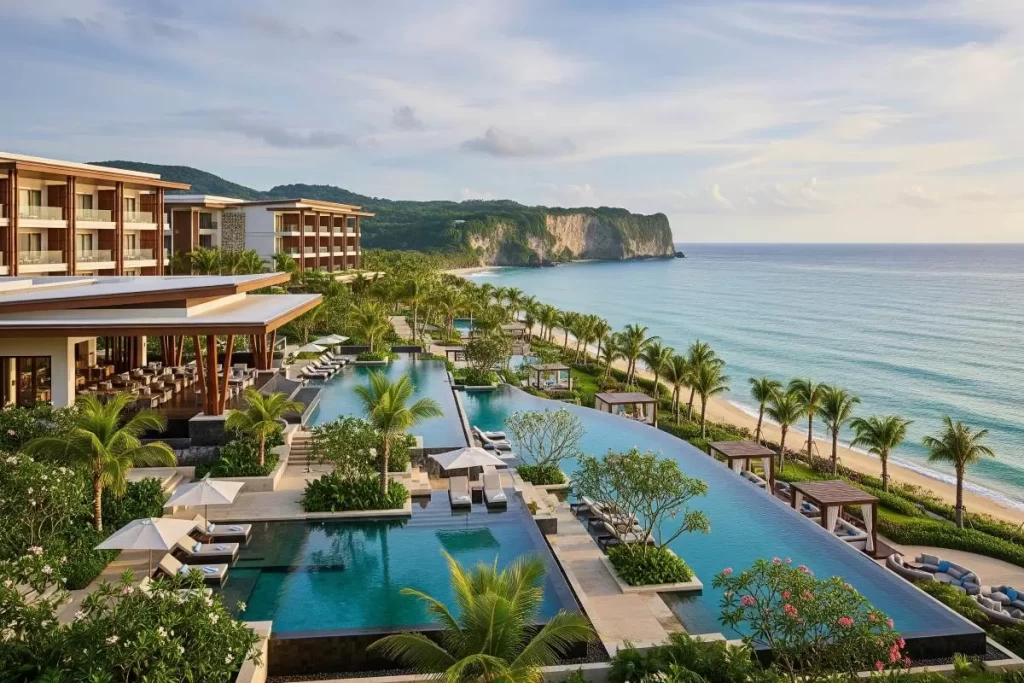 A luxury beach resort in the Philippines with contemporary villas, infinity-edge pools, palm-lined walkways, landscaped tropical gardens, and a pristine white sand shoreline overlooking the clear blue sea.