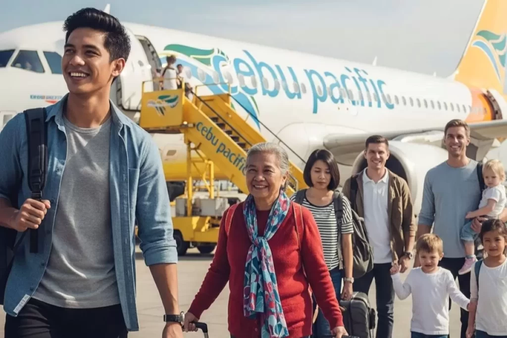 A group of smiling passengers walking with light carry-on luggage across a bright airport tarmac toward a Cebu Pacific aircraft, under clear blue skies with tropical scenery in the background, reflecting Cebu Pacific’s integration of island destinations such as El Nido, Boracay, Coron, and Bohol into its expanded network.