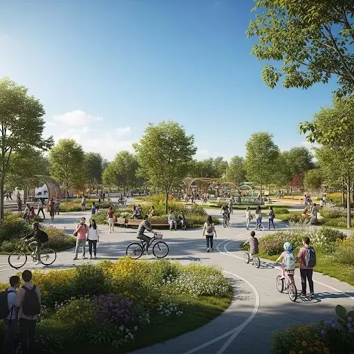 A revitalized urban park in Baguio City under the Breathe Baguio program, featuring lush thematic gardens, native tree plantings, wide pedestrian walkways, landscaped terraces, and families enjoying the green space amidst updated zoning and sustainable urban design strategies.