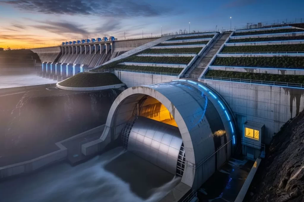 A modern flood control landscape features an integrated urban waterway flanked by restored mangroves, elevated pedestrian paths, permeable pavements, and green infrastructure, demonstrating advanced flood resilience strategies in contemporary Philippine architecture and planning.
