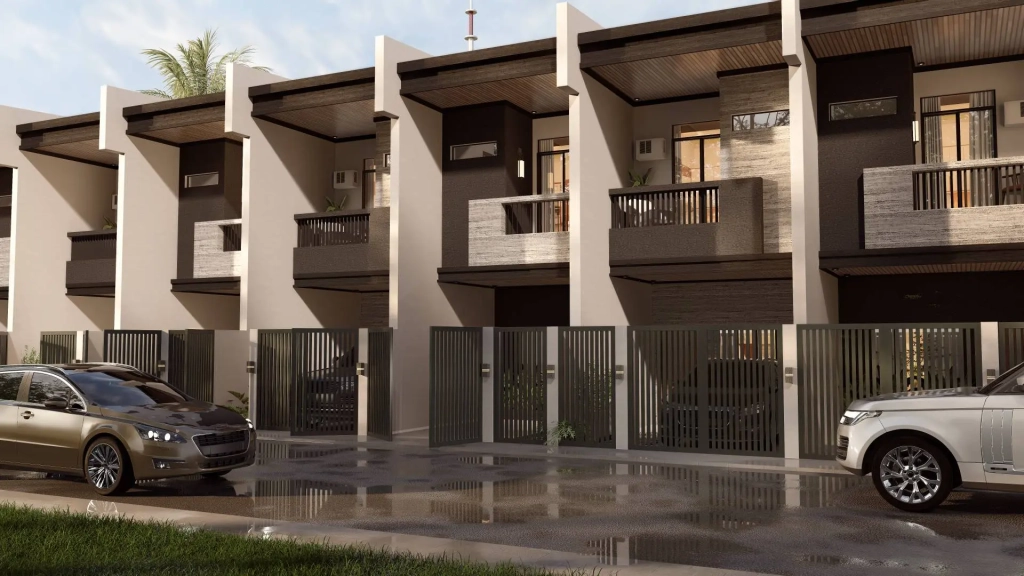 Facade view of two-storey exclusive townhouses with cantilevered balconies, vertical slatted metal fences, wood-textured cladding, private carports, and modern architectural details