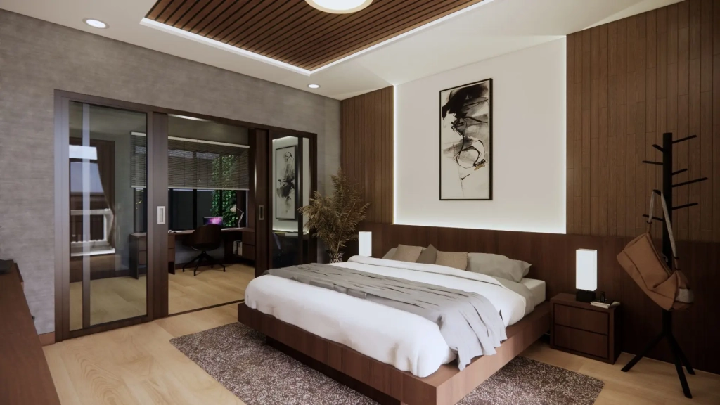 Modern bedroom suite featuring a king-sized bed, wood-accented walls, ambient recessed lighting, ceiling slat treatments, glass sliding doors leading to an integrated home office workspace, and minimalist decor elements