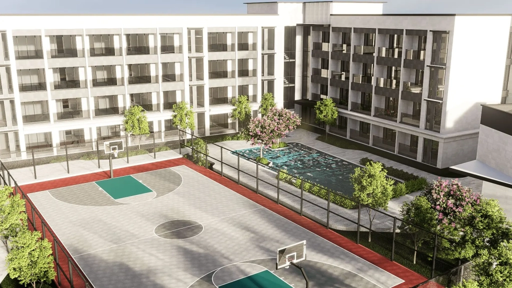 Lanson Integrated Estate featuring basketball court, swimming pool, landscaped gardens, and surrounding mid-rise residential buildings.