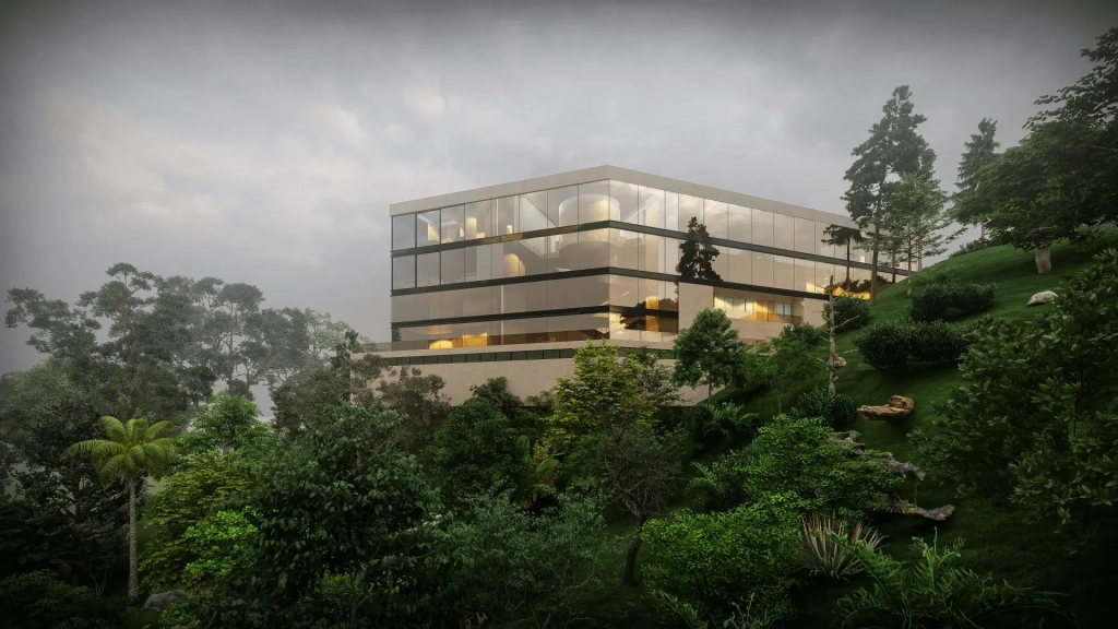 Luxury hillside residence in cebu city with rectilinear glass façade, multi-level structure rising from dense green vegetation, rolling terrain with layered landscaping, embedded boulders, tropical trees, and illuminated interiors at sunset