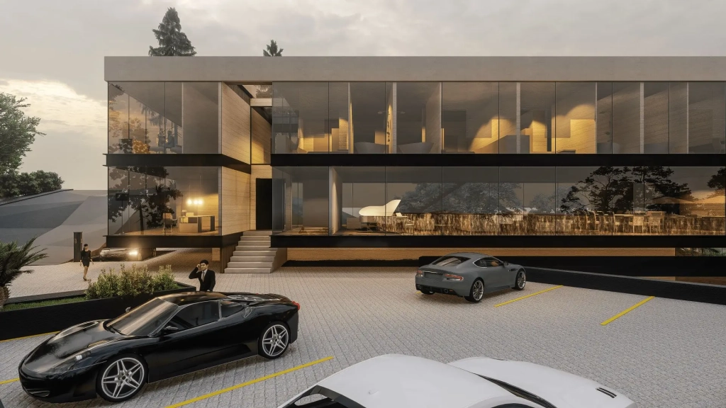 Luxury residence forecourt with sports cars parked on stone paved driveway, full-height glass façade revealing illuminated interiors, open terraces, recessed upper levels, linear concrete forms, landscaped perimeter, panoramic views of city skyline and mountains at dusk