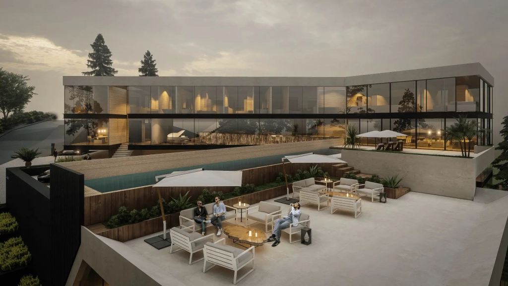 Outdoor terrace of luxury residence with multiple seating clusters, linear infinity pool, wood planters, umbrellas, glass façade backdrop, illuminated interiors, tropical landscaping, elevated concrete deck, panoramic hillside views at dusk