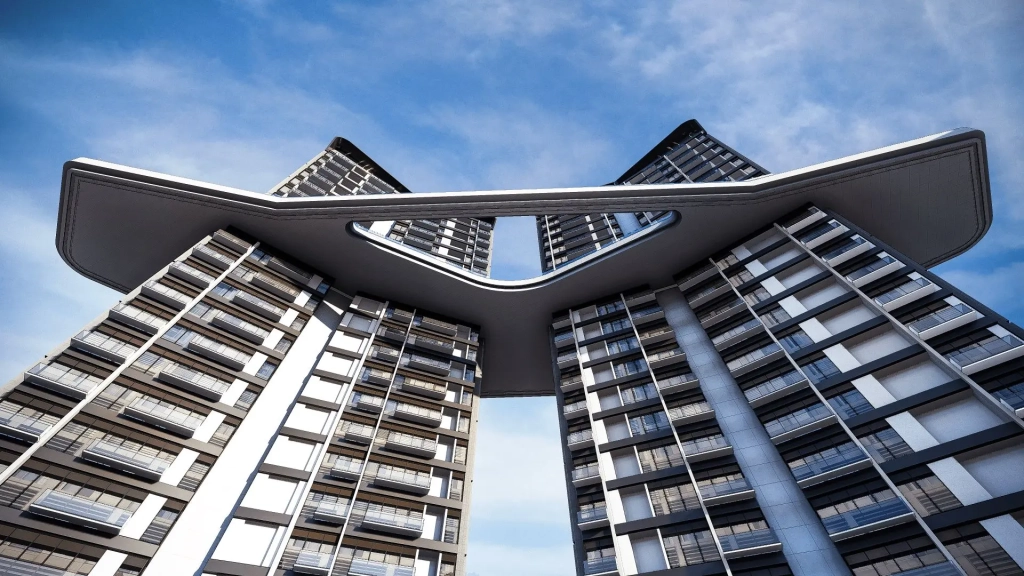 Elevated sky deck connecting two high-rise residential towers with cantilevered structure, open sky backdrop, articulated tower facades, integrated balcony systems, and clean structural detailing forming a sculptural architectural composition.