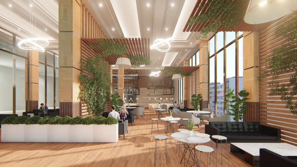 Modern dining and lounge interior with full-height glass windows, timber slat wall panels, ceiling-mounted circular light fixtures, integrated indoor greenery, warm wood flooring, mixed seating arrangements with round dining tables and black lounge sofas, and open-plan spatial arrangement.