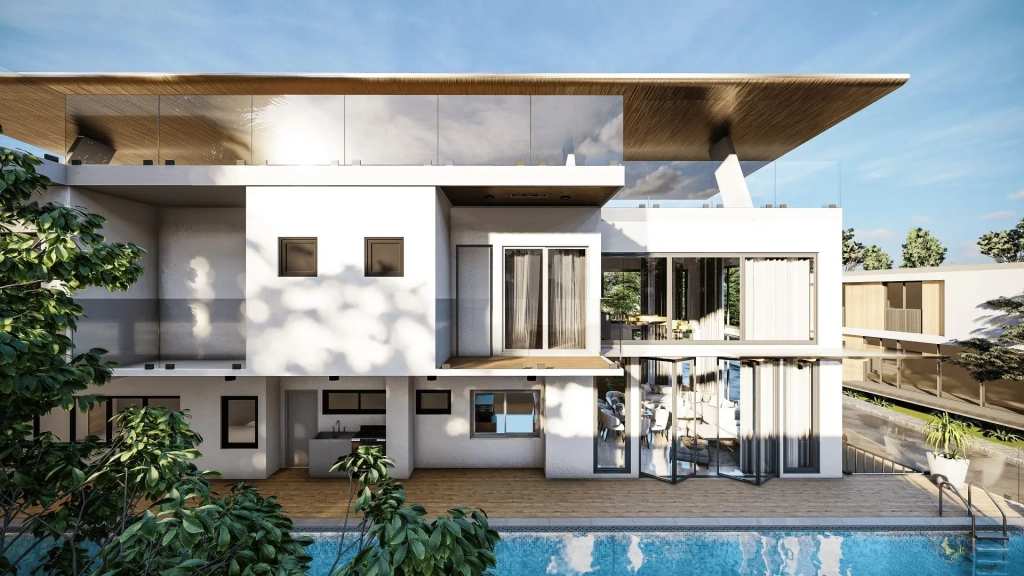 Modern house facade with full-height glass windows, extended horizontal roof canopy, poolside deck, recessed ground floor, tropical landscape elements, and transparent indoor-outdoor connections
