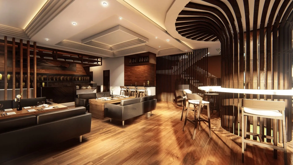 Modern hotel lounge and dining interior with sculptural wood ceiling forms, timber floors, minimalist black leather seating, wooden dining tables, bar-height counters with light wood chairs, vertical timber slat partitions, soft ambient lighting, and neutral warm color palette emphasizing luxury and sophistication.