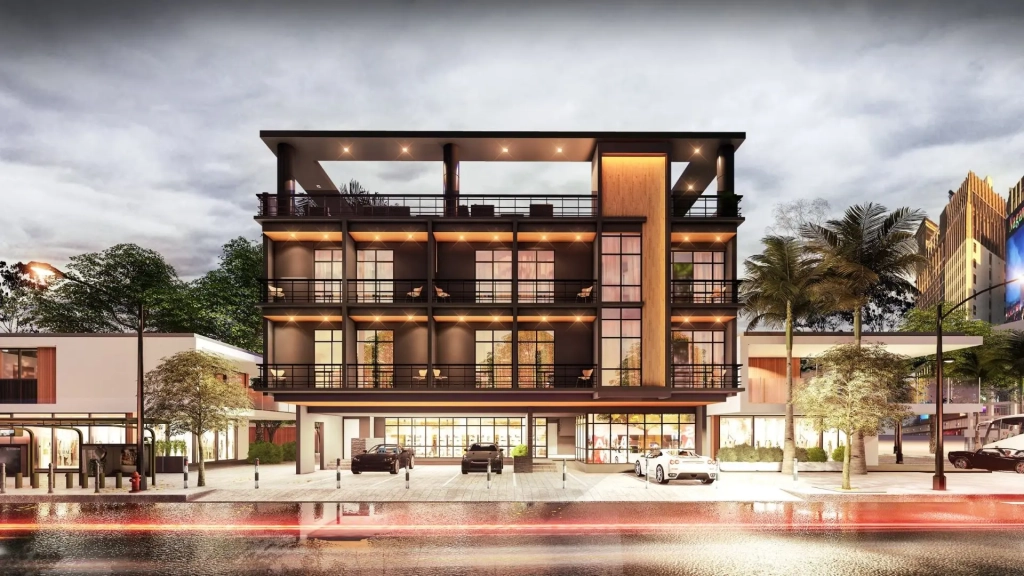 Symmetrical front elevation of a modern four-story walk-up apartment with private balconies, large glass windows, ground-level commercial spaces, integrated parking, and rooftop amenities within an urban city environment.