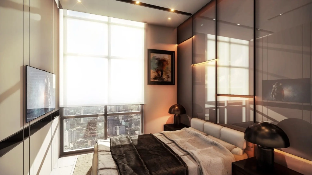 Studio apartment bedroom with queen-sized bed, floor-to-ceiling windows overlooking city skyline, built-in wardrobe, neutral wall paneling, recessed ceiling lights, and minimalist bedside tables with modern lamps.