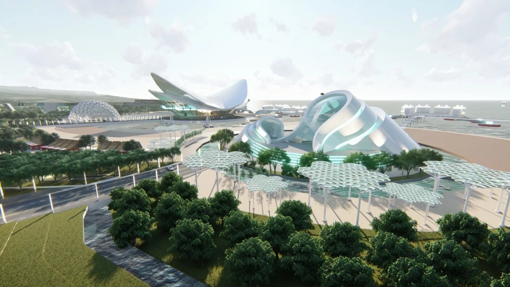 Millennium City Cultural District showing waterfront cultural buildings with fluid geometries, amphitheaters, exhibit domes, interactive plazas, shaded pedestrian walkways, landscaped green spaces, public art installations, and adjacent port terminal.