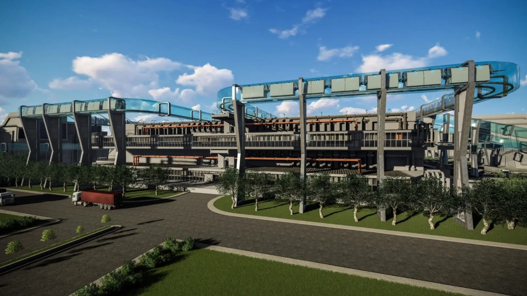 Close-up view of Millennium City Waste-to-Energy Processing Center with multi-level industrial building, elevated enclosed conveyor systems, cargo trucks, sorting platforms, landscaped perimeter, access roads, and foreground greenery under clear sky.