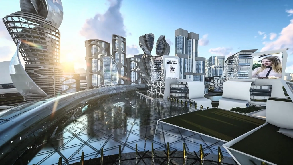 Millennium City Central City Room showing monumental glass atrium, futuristic towers with parametric facades, digital billboards, elevated pedestrian walkways, public plazas, civic management centers, surrounding high-rise complexes, and morning sun.