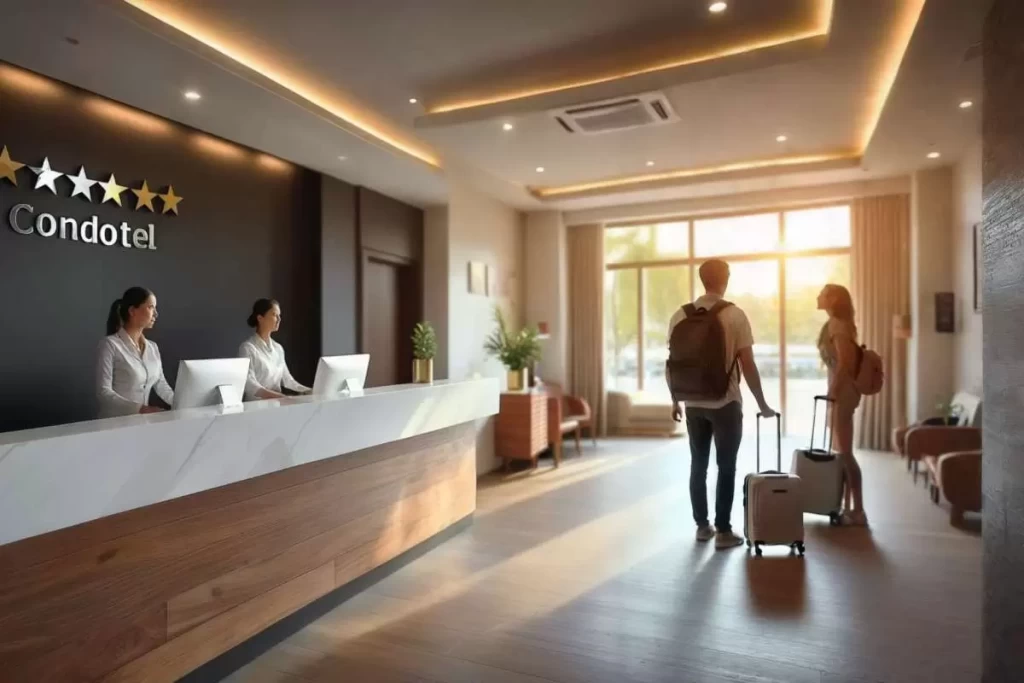 Guests in casual attire enter a condotel lobby in a Philippine tourism destination, while staff assist at the reception desk and others prepare luggage carts. The scene reflects the operational nature of hospitality properties and their dependence on daily guest turnover and service consistency.