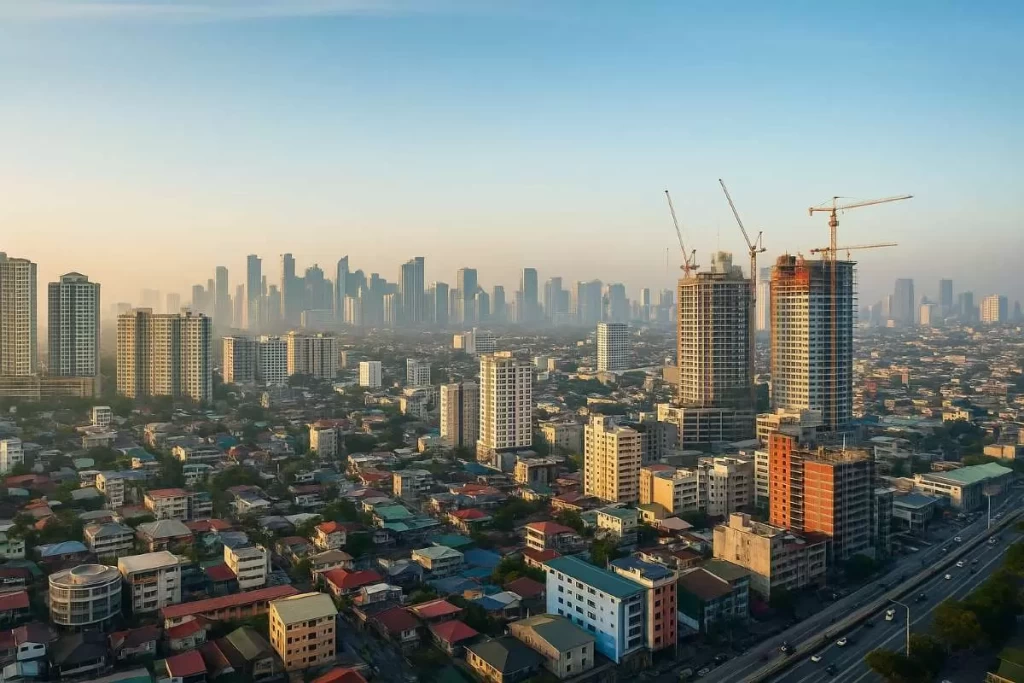 Metro Manila skyline with mixed-use developments under morning light.