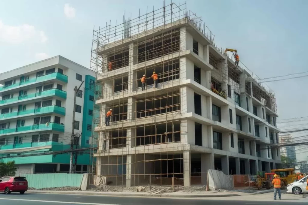 Mid-rise residential condominium rising in a transport-connected district.