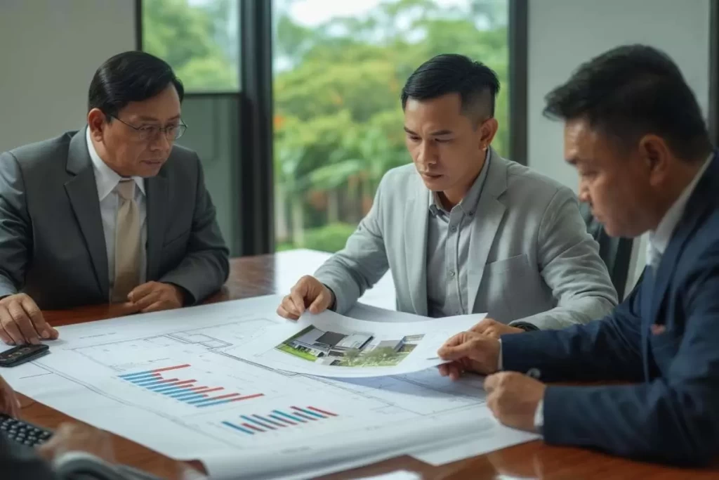 Landowners and investors gather in a well-appointed boardroom to review ROI metrics, construction phasing plans, and projected yield timelines for a joint hospitality-residential development. Blueprints, financial models, and operator proposals reflect real estate yield structures in the Philippines. Discussions center on aligning each party’s expectations with the operational structure of the asset. The meeting reflects the critical planning phase where equity, risk, and stewardship converge into a coherent development vision