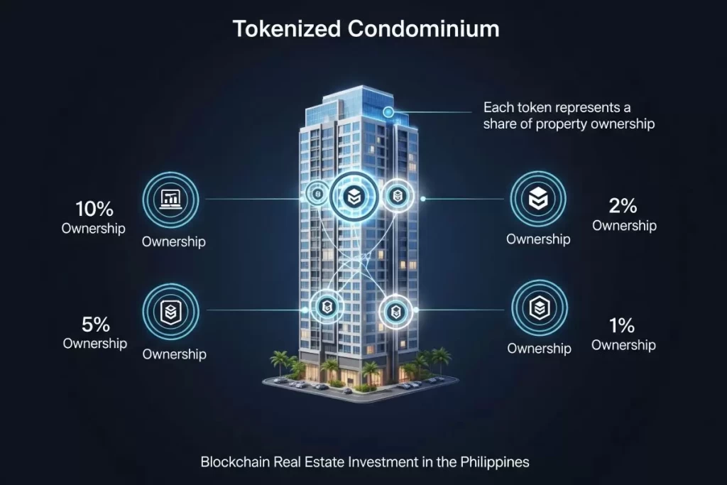 Infographic of fractional ownership in Philippine real estate showing a condominium divided into blockchain-based digital tokens.