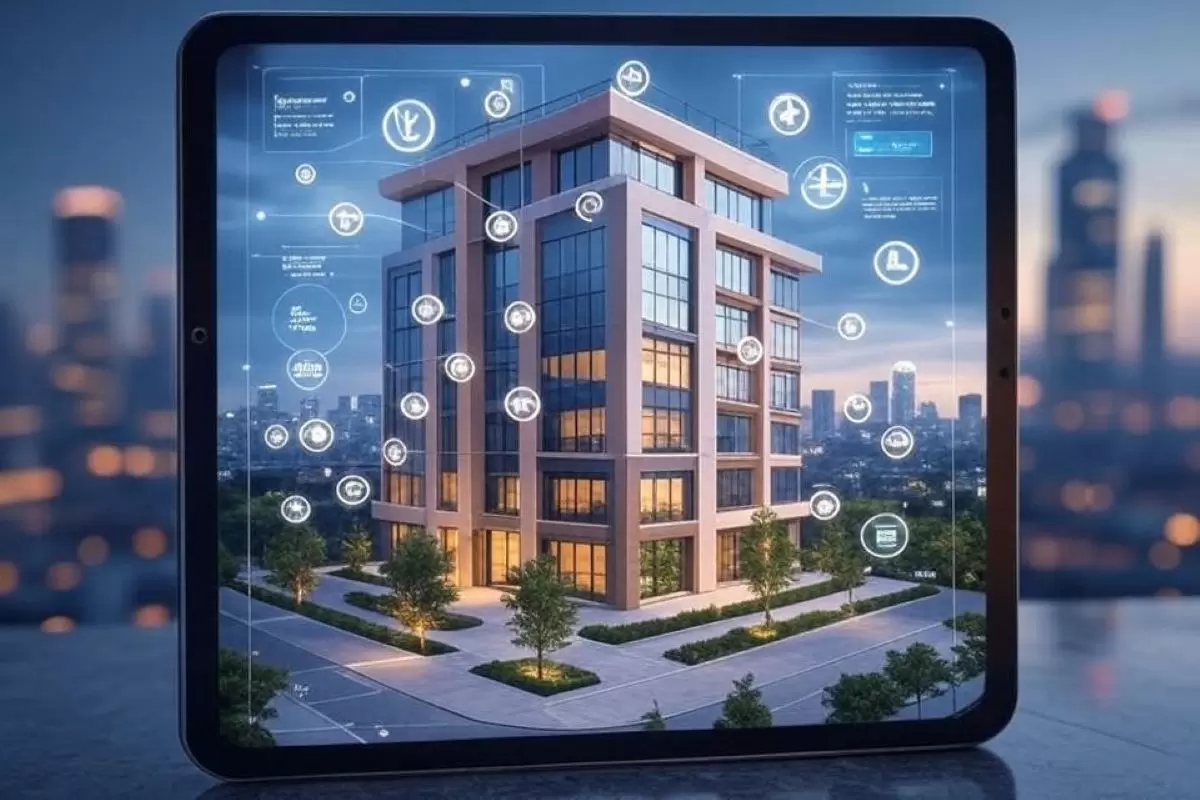 A futuristic digital interface showing real estate buildings represented as tokenized shares on a blockchain ledger, glowing icons, realistic style, professional corporate visualization.