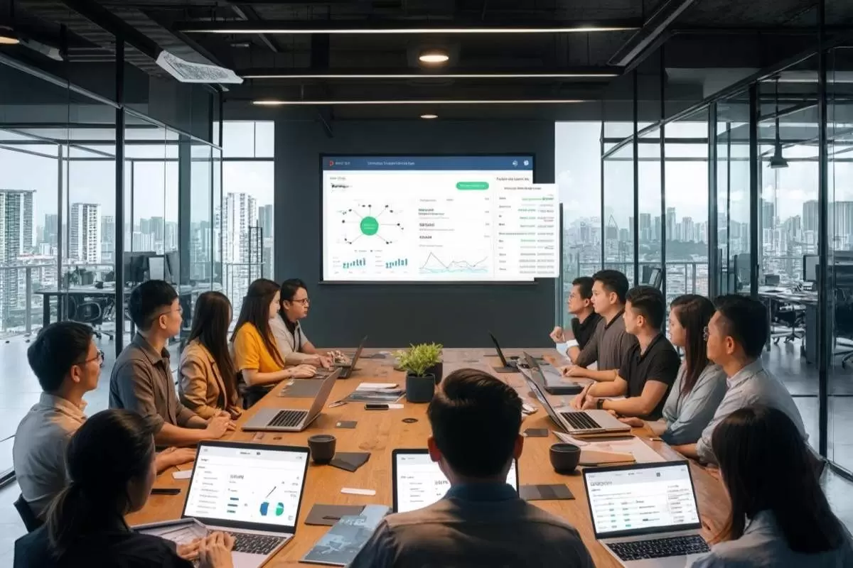 Diverse investors in a modern office reviewing tokenized Philippine real estate opportunities on laptops.