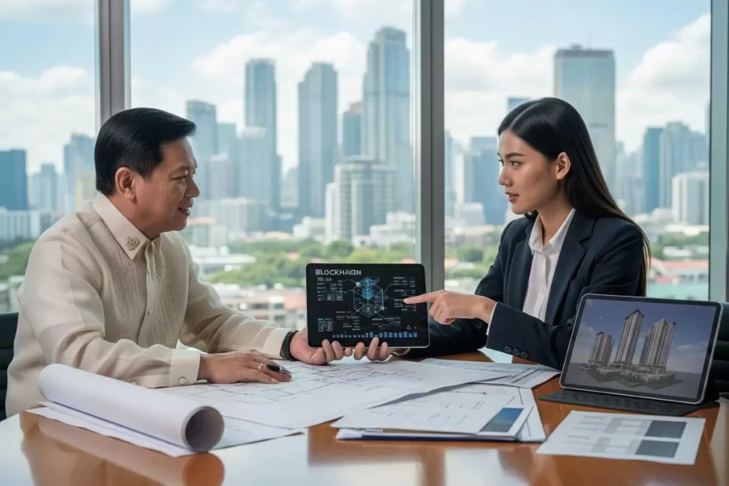 A Filipino landowner and architect reviewing digital real estate investment plans