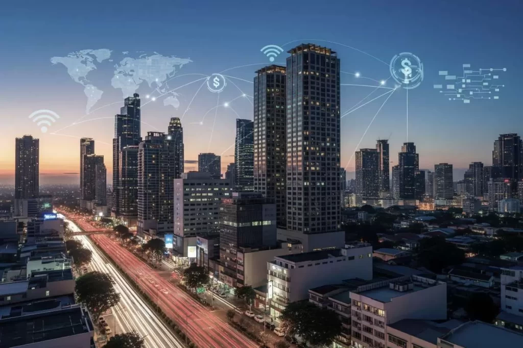Metro Manila skyline at dusk symbolizing urban growth and tokenized property markets