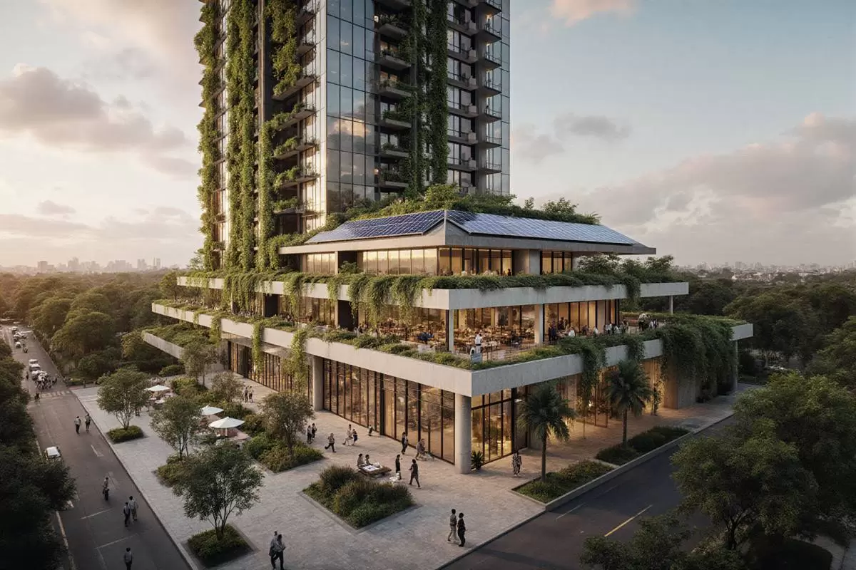 Green high-rise tower with rooftop solar panels, vertical gardens, and shaded terraces designed to reduce costs and extend building life.