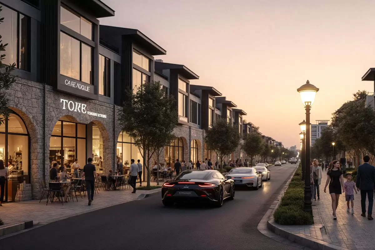 Modern Philippine township developments integrates homes with entrepreneurship activities along a landscaped boulevard at sunset.