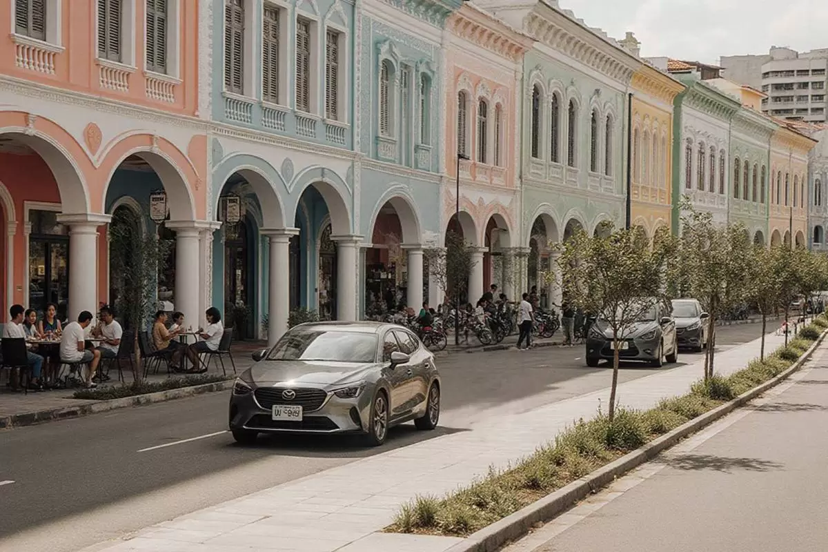 Contemporary Philippine arcaded walkways with shops with colorful façades and active pedestrian life.
