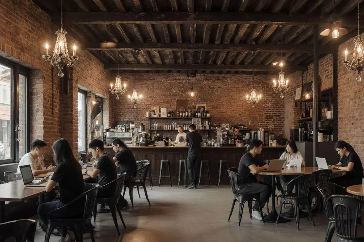 Interior of old shophouses adapted into a co-working café with preserved historic features.