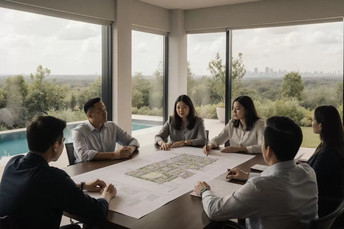 Landowners and developers discussing partnership terms around a table.