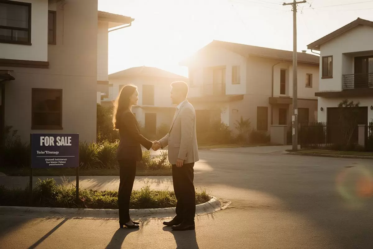 Two professionals shake hands in front of a completed townhouse row.