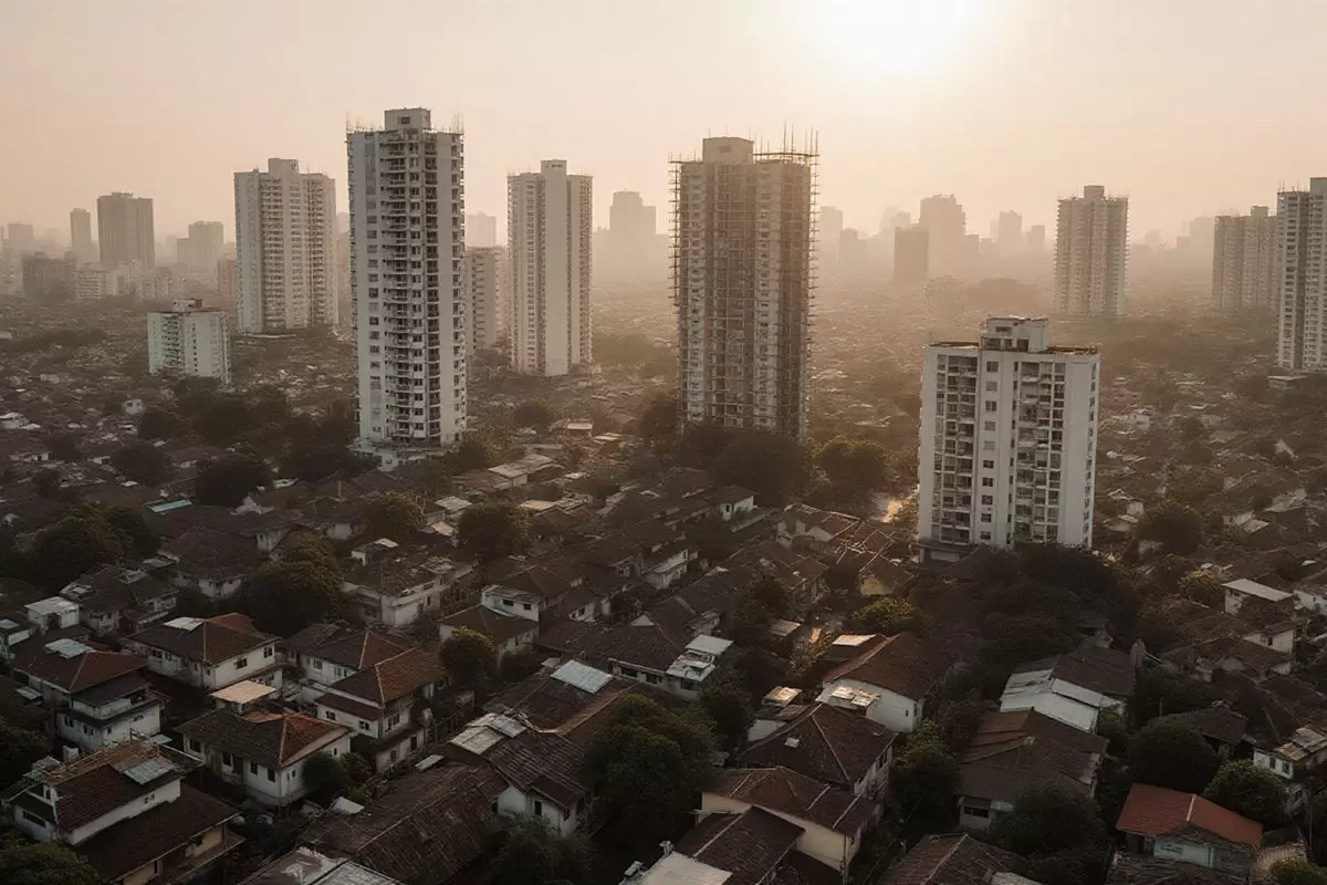 Aerial view of dense residential neighborhoods in Metro Manila showing contrasts between old housing clusters and new construction sites.